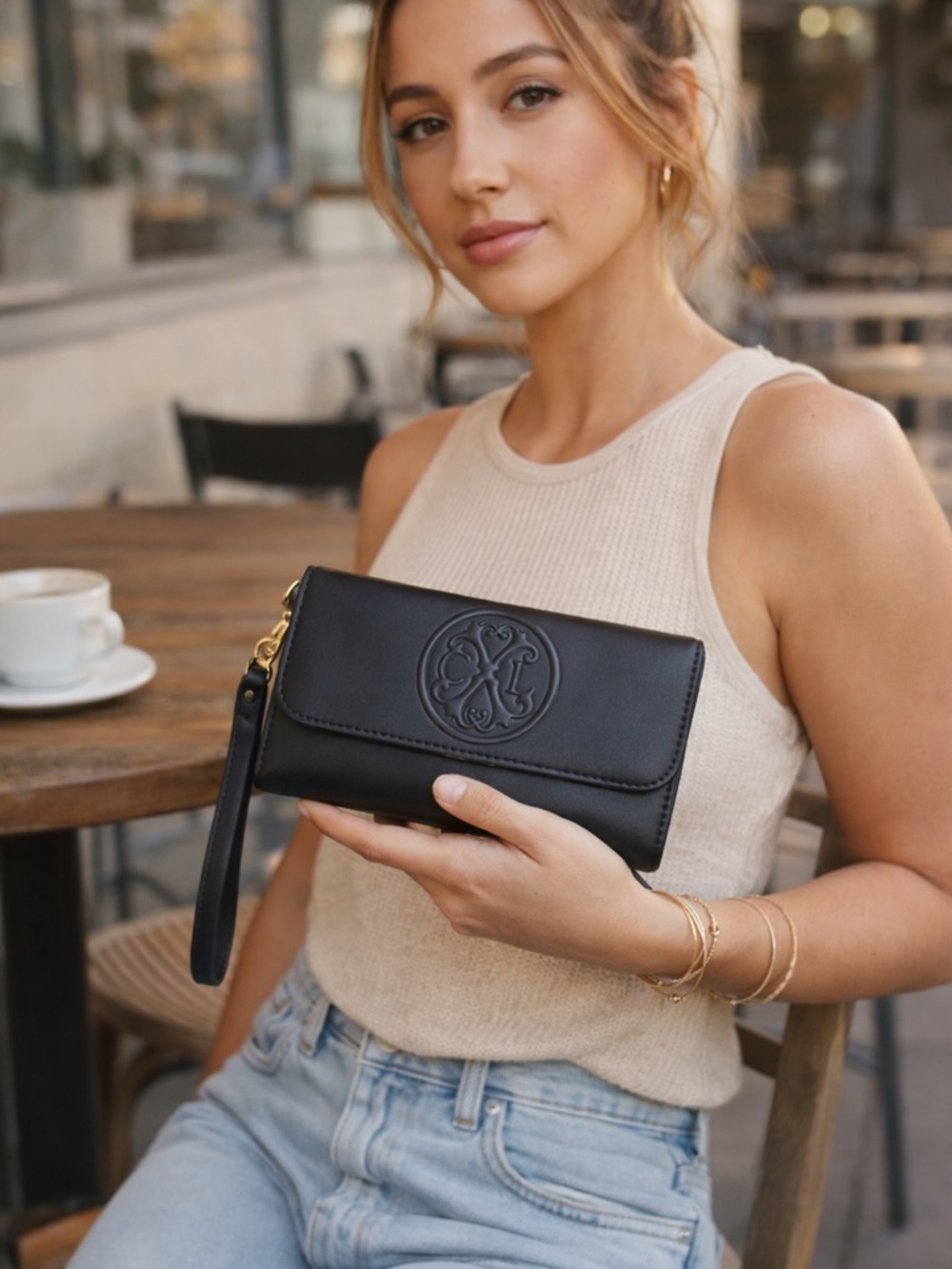 Christian Lacroix Black Leather Wristlet Clutch with Embossed Logo